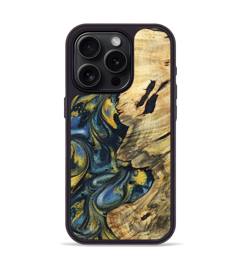 iPhone 15 Pro Wood+Resin Phone Case - Mandy (Teal & Gold, 719590)