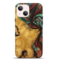 iPhone 14 Plus Wood+Resin Live Edge Phone Case - Benny (Teal & Gold, 719635)