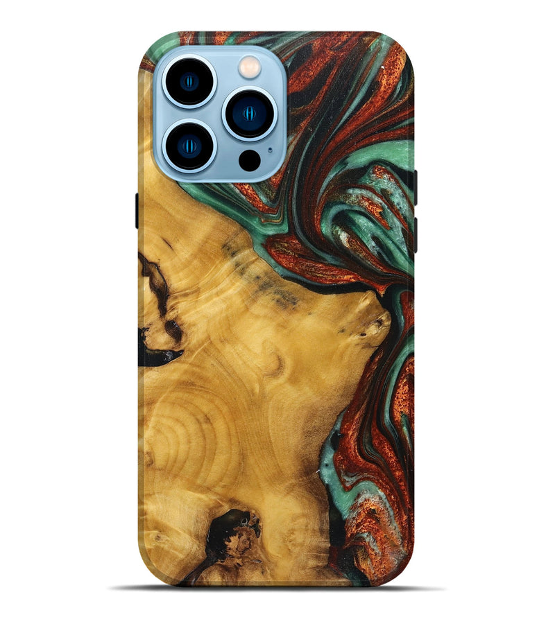 iPhone 14 Pro Max Wood+Resin Live Edge Phone Case - Benny (Teal & Gold, 719635)