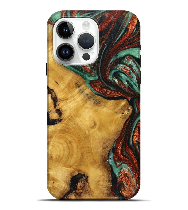 iPhone 15 Pro Max Wood+Resin Live Edge Phone Case - Benny (Teal & Gold, 719635)