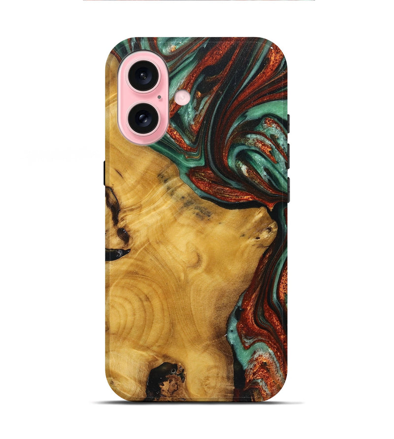 iPhone 16 Wood+Resin Live Edge Phone Case - Benny (Teal & Gold, 719635)