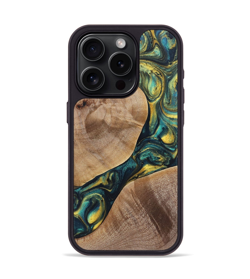 iPhone 15 Pro Wood+Resin Phone Case - Kaitlin (Teal & Gold, 719893)