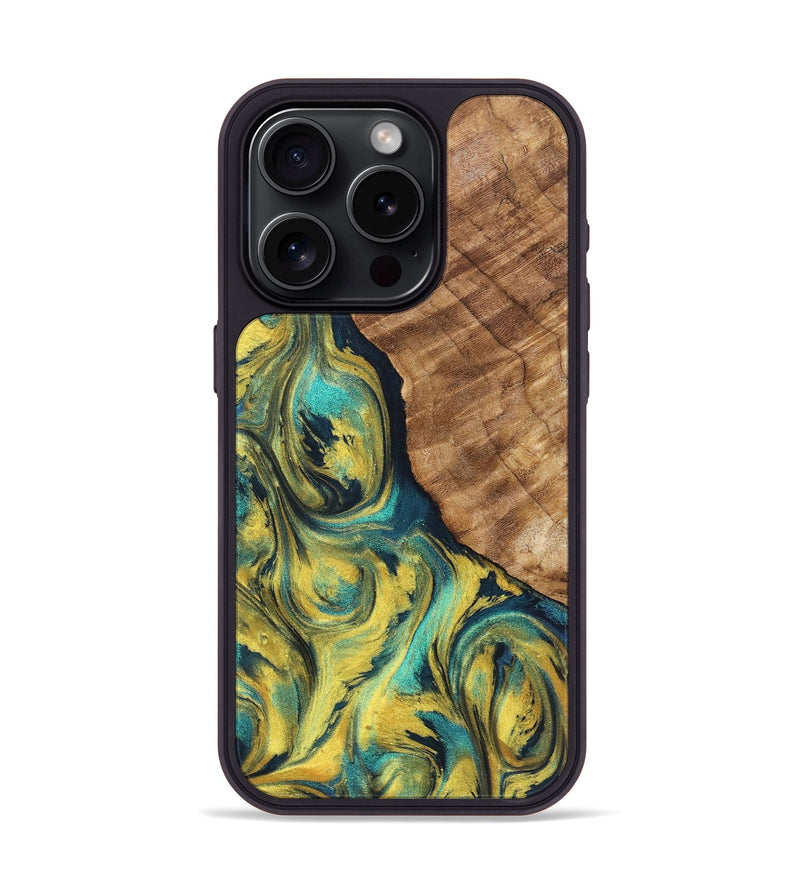 iPhone 15 Pro Wood+Resin Phone Case - Cash (Teal & Gold, 719894)