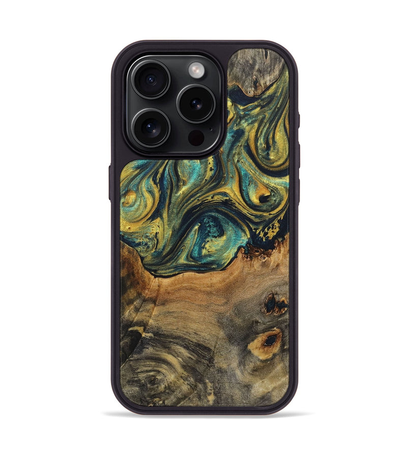 iPhone 15 Pro Wood+Resin Phone Case - Lori (Teal & Gold, 719895)