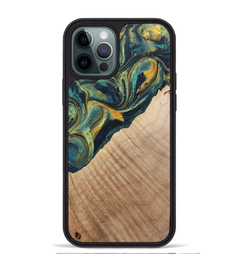 iPhone 12 Pro Max Wood+Resin Phone Case - Cassandra (Teal & Gold, 719897)