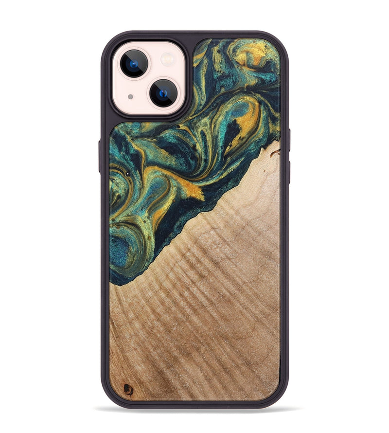 iPhone 14 Plus Wood+Resin Phone Case - Cassandra (Teal & Gold, 719897)