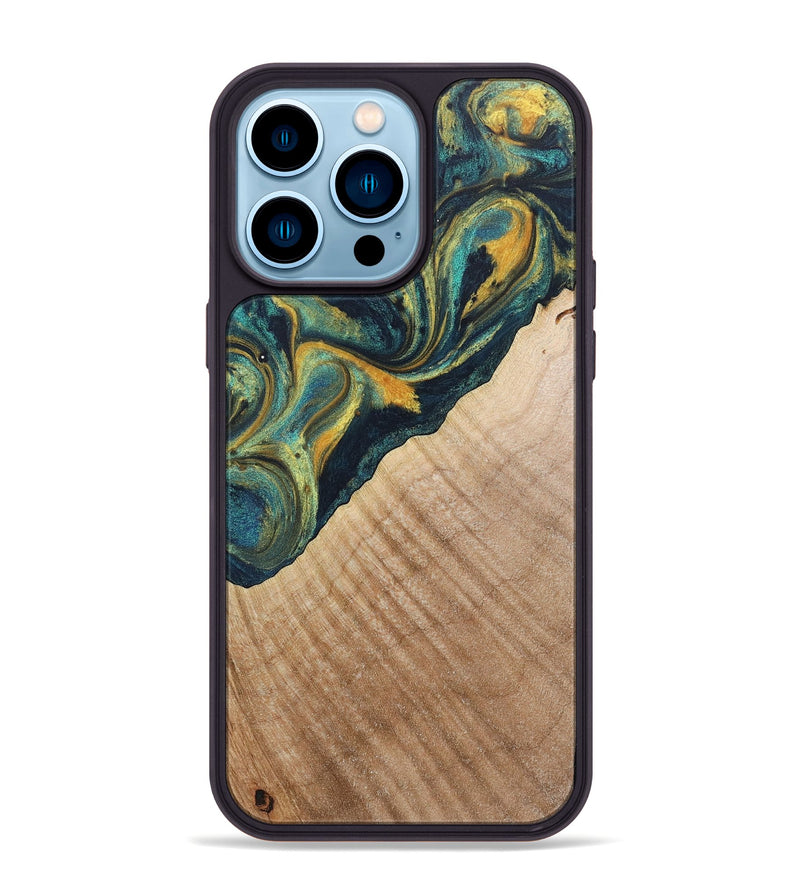 iPhone 14 Pro Max Wood+Resin Phone Case - Cassandra (Teal & Gold, 719897)