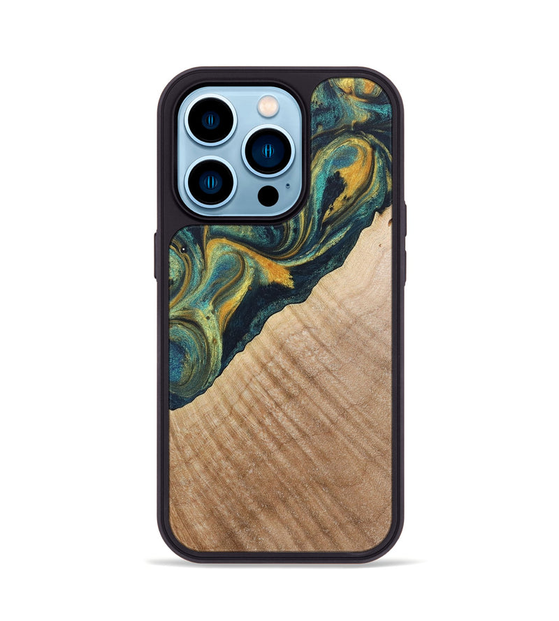 iPhone 14 Pro Wood+Resin Phone Case - Cassandra (Teal & Gold, 719897)