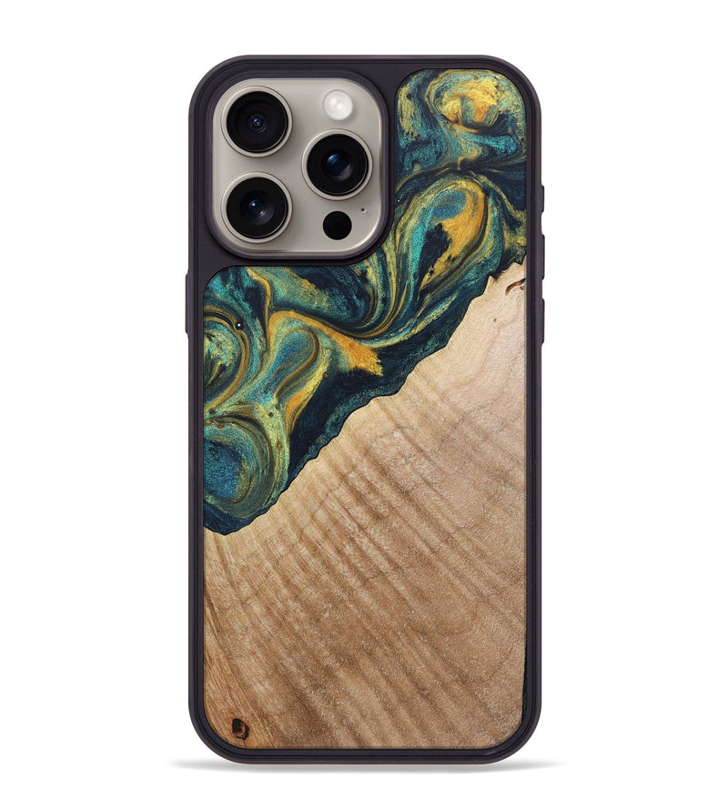 iPhone 15 Pro Max Wood+Resin Phone Case - Cassandra (Teal & Gold, 719897)