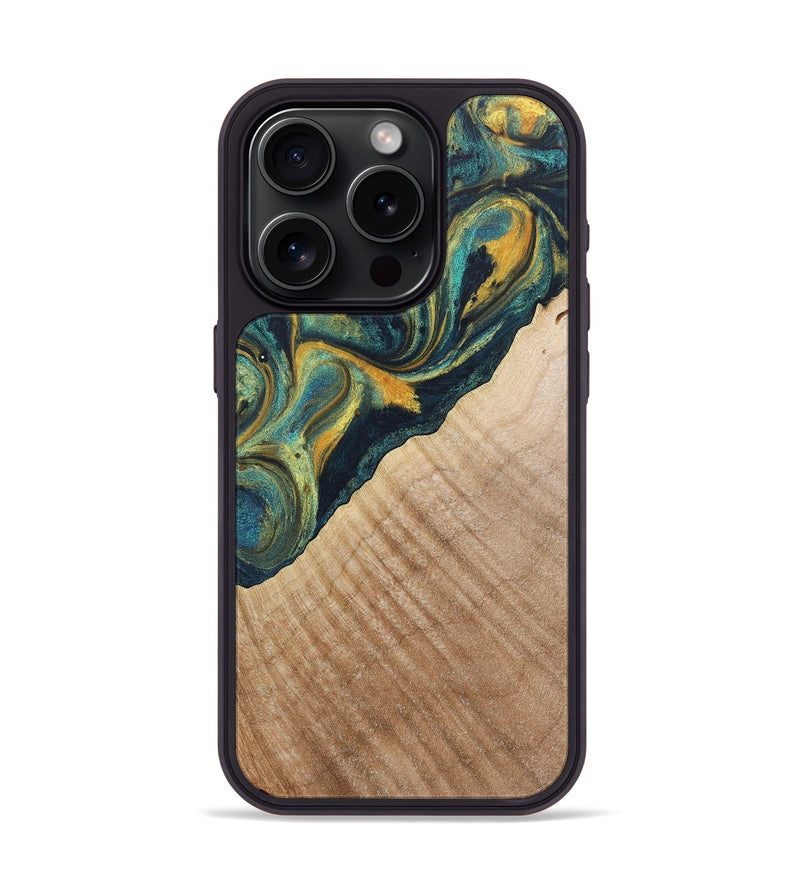 iPhone 15 Pro Wood+Resin Phone Case - Cassandra (Teal & Gold, 719897)