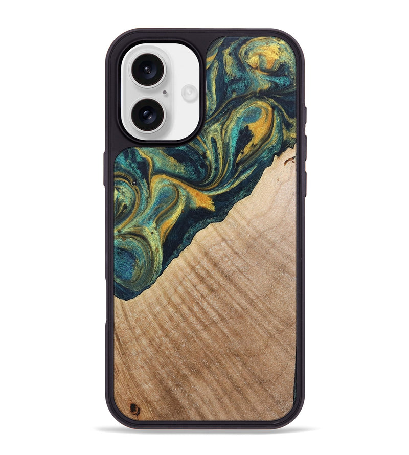 iPhone 16 Plus Wood+Resin Phone Case - Cassandra (Teal & Gold, 719897)