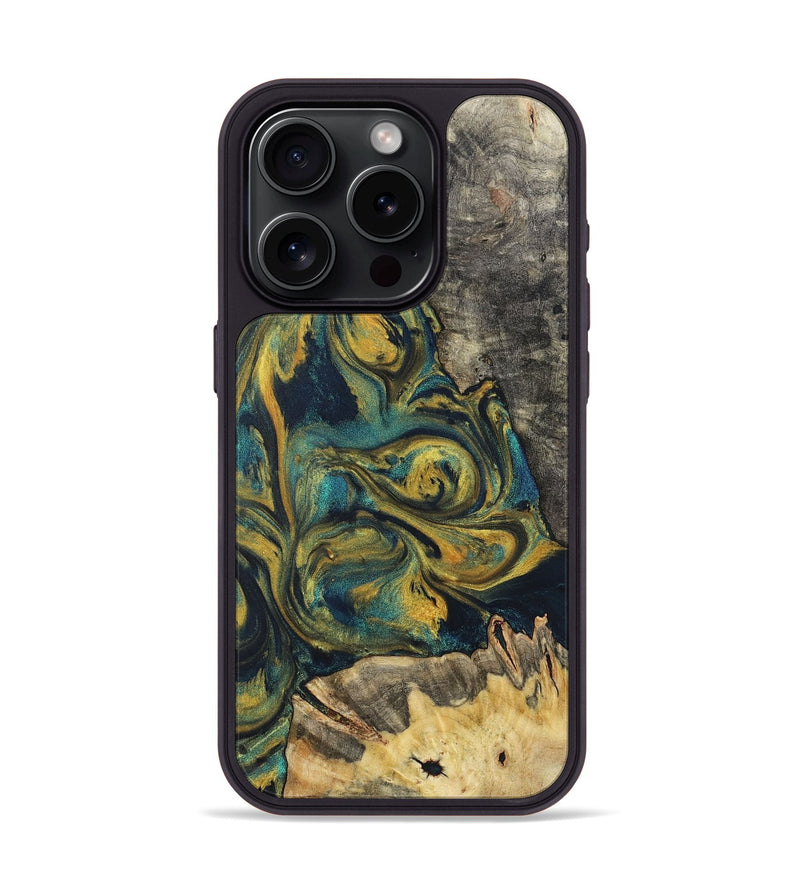 iPhone 15 Pro Wood+Resin Phone Case - Finnegan (Teal & Gold, 719898)