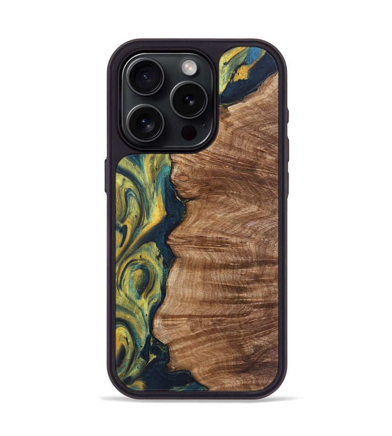 iPhone 15 Pro Wood+Resin Phone Case - Julianna (Teal & Gold, 719899)