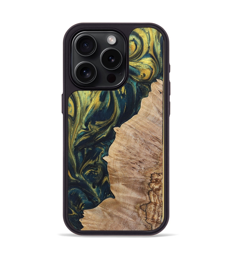 iPhone 15 Pro Wood+Resin Phone Case - Fredrick (Teal & Gold, 719901)