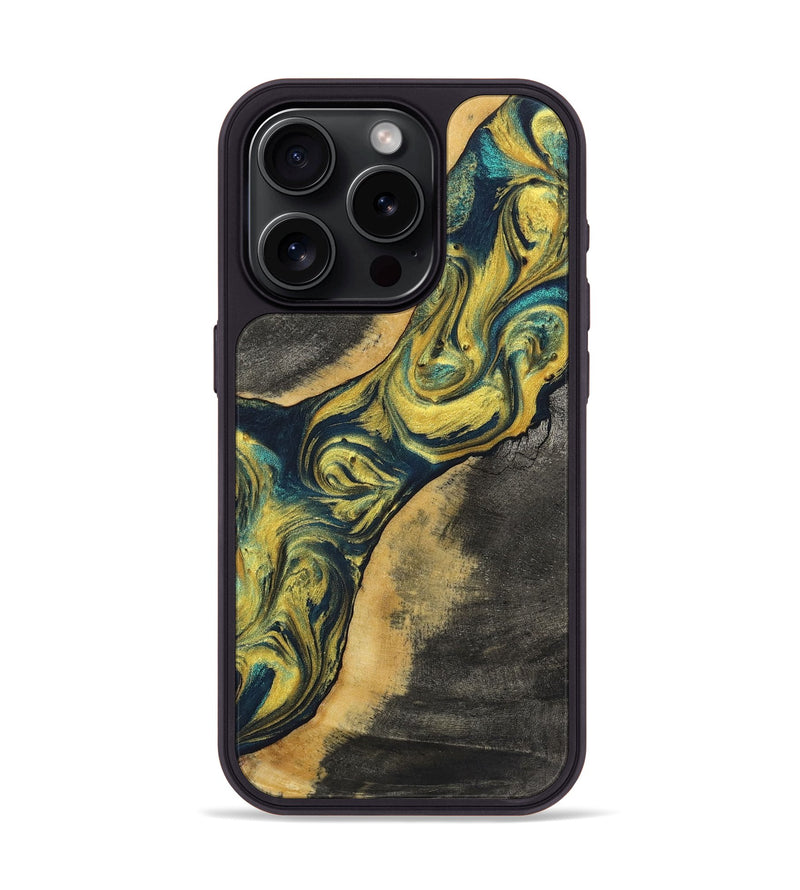 iPhone 15 Pro Wood+Resin Phone Case - Conor (Teal & Gold, 719902)