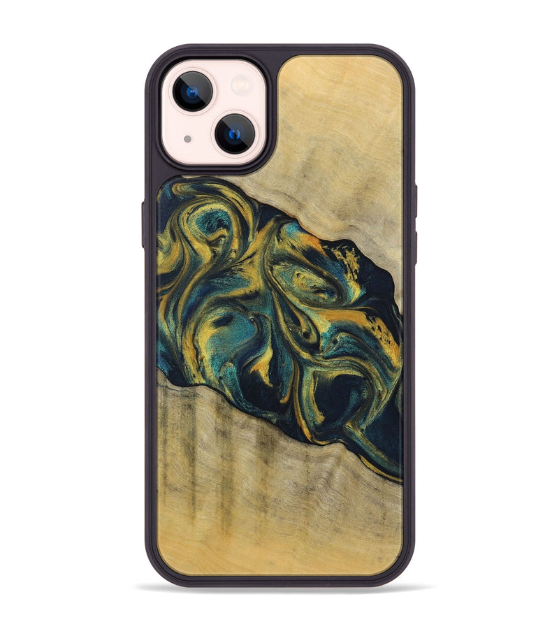 iPhone 14 Plus Wood+Resin Phone Case - Maxine (Teal & Gold, 719905)