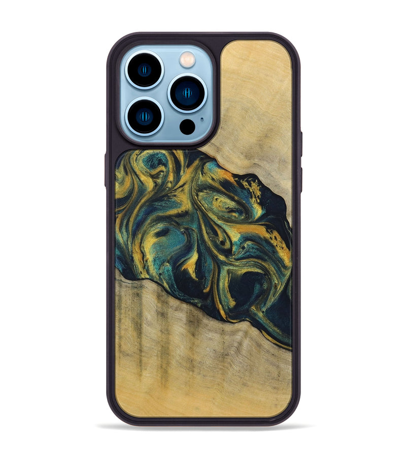 iPhone 14 Pro Max Wood+Resin Phone Case - Maxine (Teal & Gold, 719905)