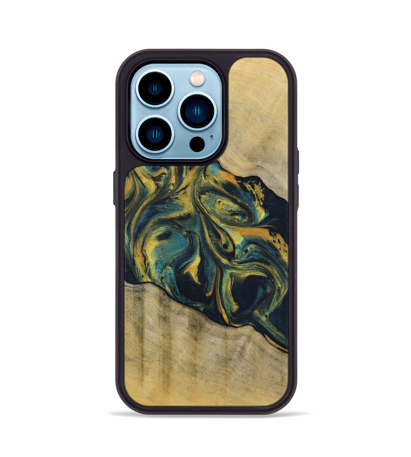 iPhone 14 Pro Wood+Resin Phone Case - Maxine (Teal & Gold, 719905)