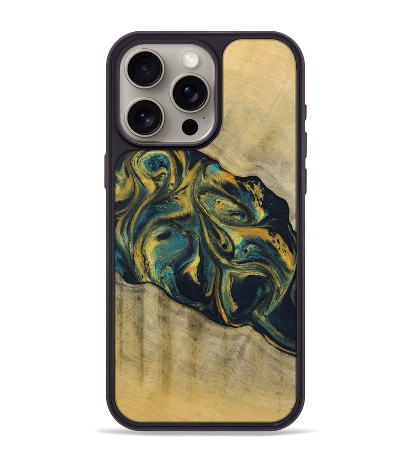 iPhone 15 Pro Max Wood+Resin Phone Case - Maxine (Teal & Gold, 719905)