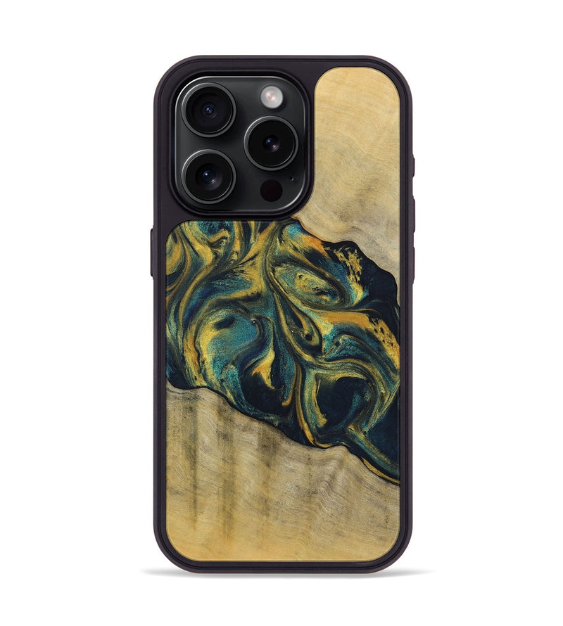 iPhone 15 Pro Wood+Resin Phone Case - Maxine (Teal & Gold, 719905)