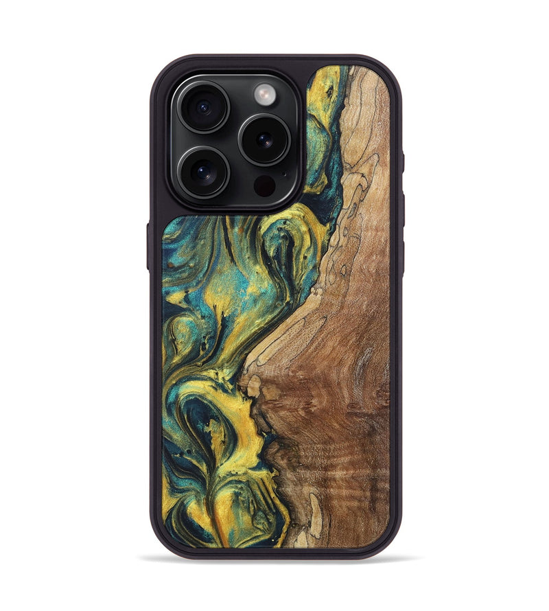 iPhone 15 Pro Wood+Resin Phone Case - Steve (Teal & Gold, 719938)