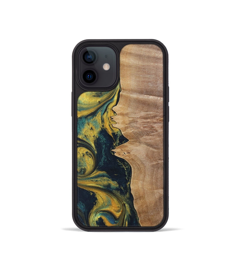 iPhone 12 mini Wood+Resin Phone Case - Kamila (Teal & Gold, 719941)