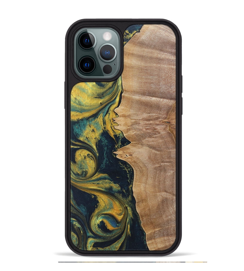 iPhone 12 Pro Max Wood+Resin Phone Case - Kamila (Teal & Gold, 719941)