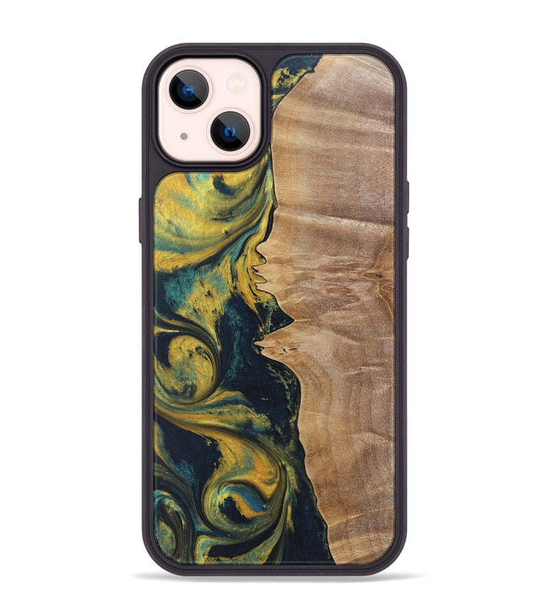 iPhone 14 Plus Wood+Resin Phone Case - Kamila (Teal & Gold, 719941)