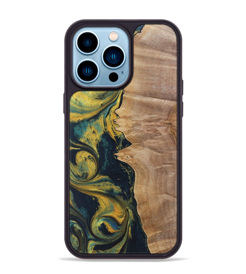 iPhone 14 Pro Max Wood+Resin Phone Case - Kamila (Teal & Gold, 719941)