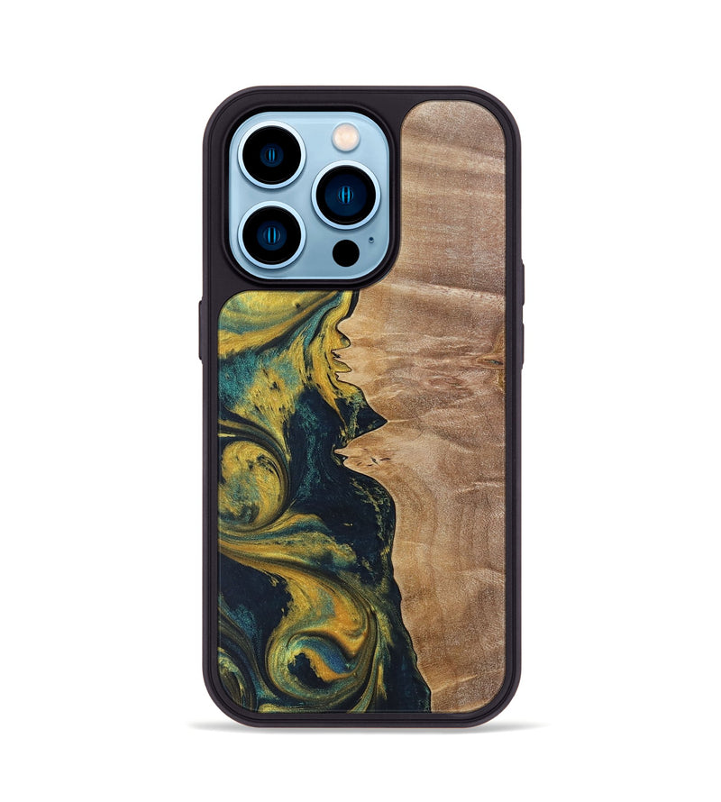 iPhone 14 Pro Wood+Resin Phone Case - Kamila (Teal & Gold, 719941)