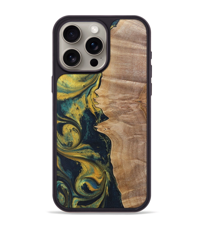 iPhone 15 Pro Max Wood+Resin Phone Case - Kamila (Teal & Gold, 719941)