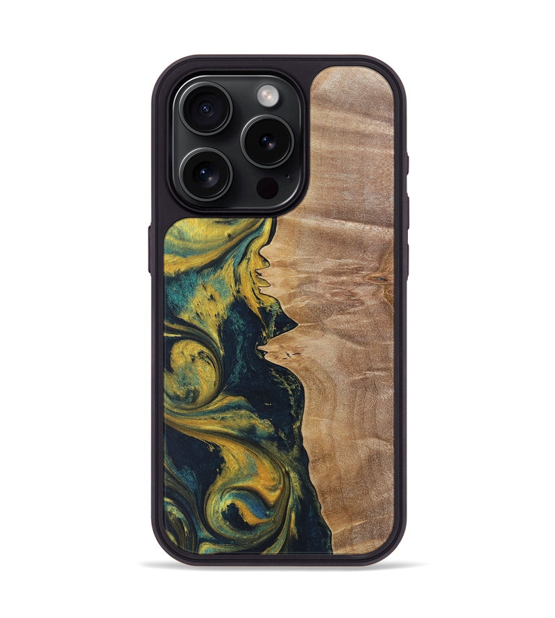 iPhone 15 Pro Wood+Resin Phone Case - Kamila (Teal & Gold, 719941)