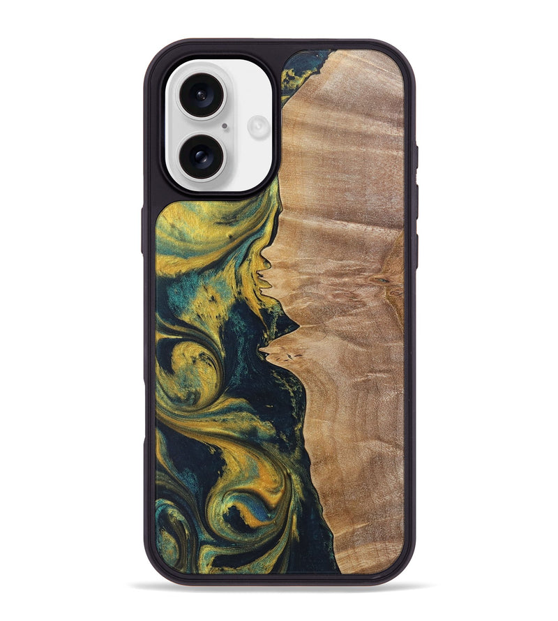 iPhone 16 Plus Wood+Resin Phone Case - Kamila (Teal & Gold, 719941)