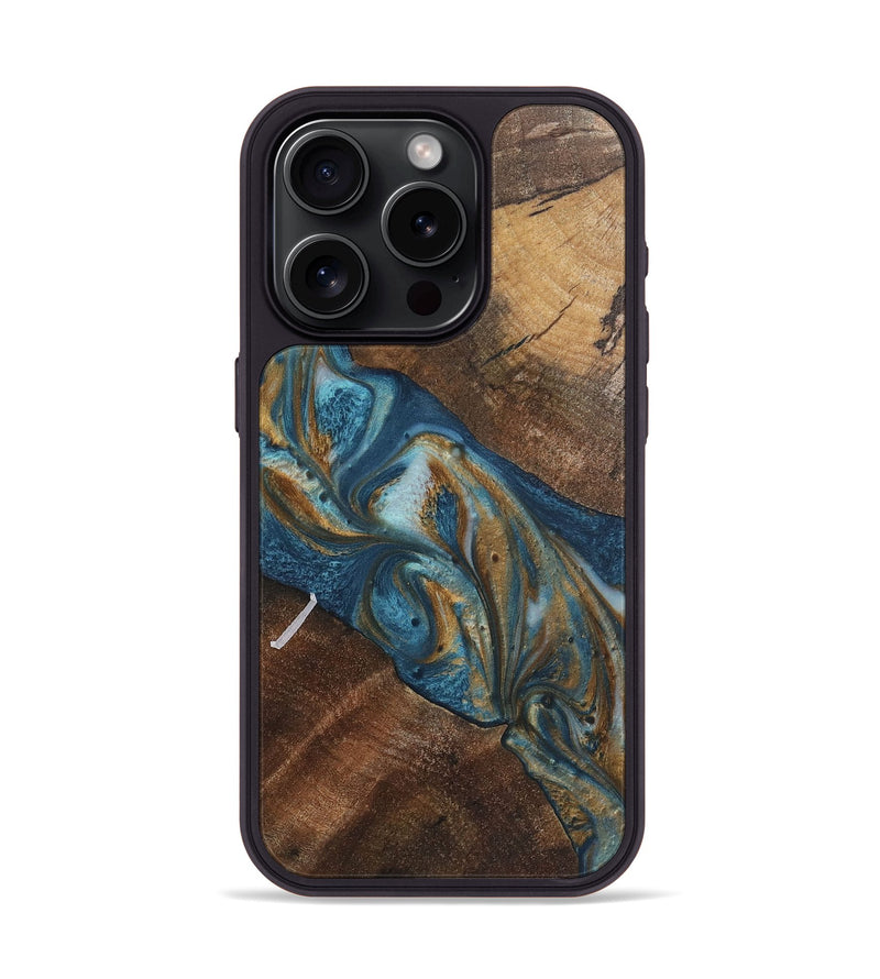 iPhone 15 Pro Wood+Resin Phone Case - Vivian (Teal & Gold, 719944)