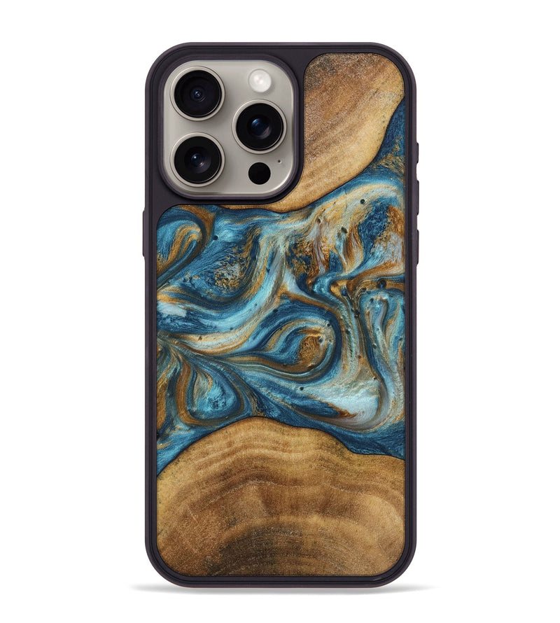 iPhone 15 Pro Max Wood+Resin Phone Case - Willard (Teal & Gold, 719947)