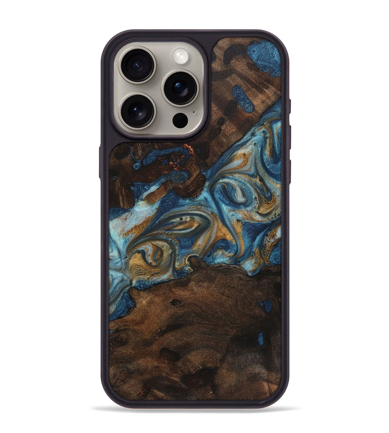 iPhone 15 Pro Max Wood+Resin Phone Case - Kerri (Teal & Gold, 719951)