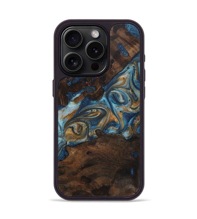 iPhone 15 Pro Wood+Resin Phone Case - Kerri (Teal & Gold, 719951)