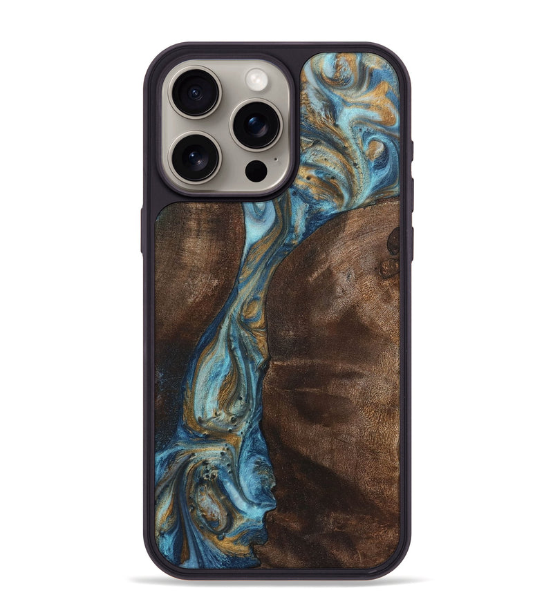 iPhone 15 Pro Max Wood+Resin Phone Case - Aidan (Teal & Gold, 719953)