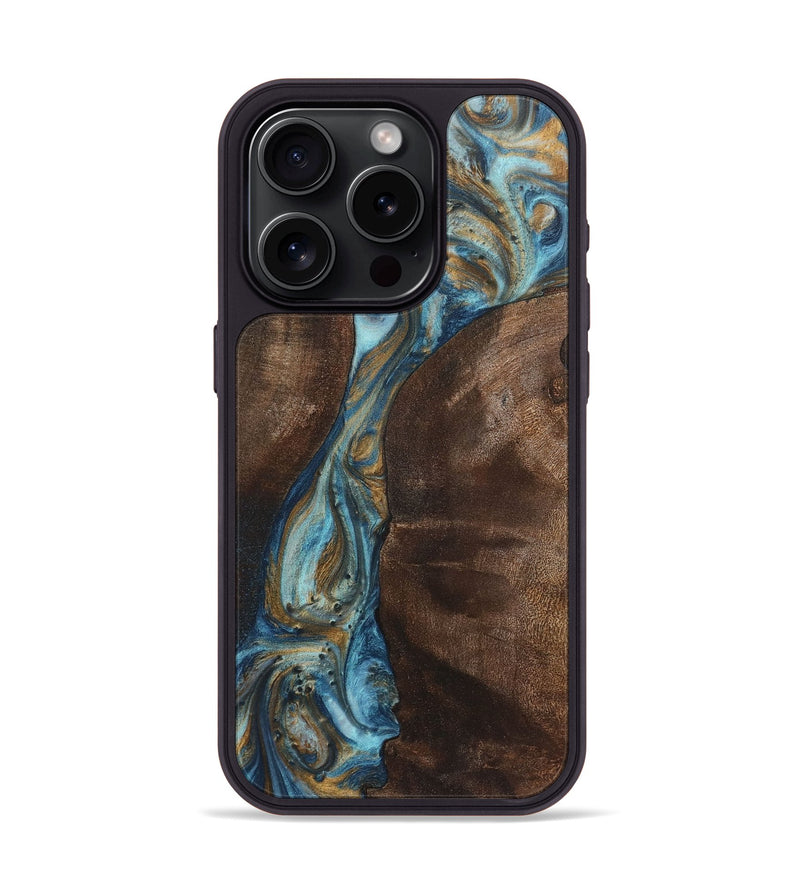 iPhone 15 Pro Wood+Resin Phone Case - Aidan (Teal & Gold, 719953)