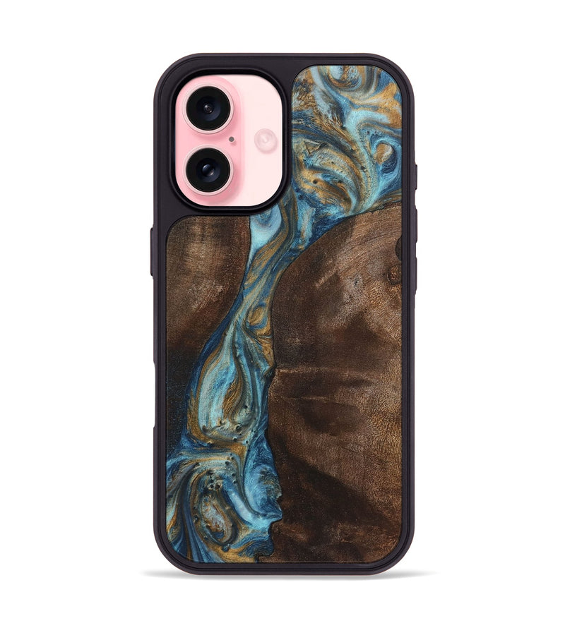 iPhone 16 Wood+Resin Phone Case - Aidan (Teal & Gold, 719953)