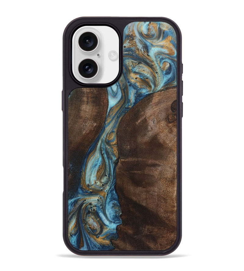 iPhone 16 Plus Wood+Resin Phone Case - Aidan (Teal & Gold, 719953)