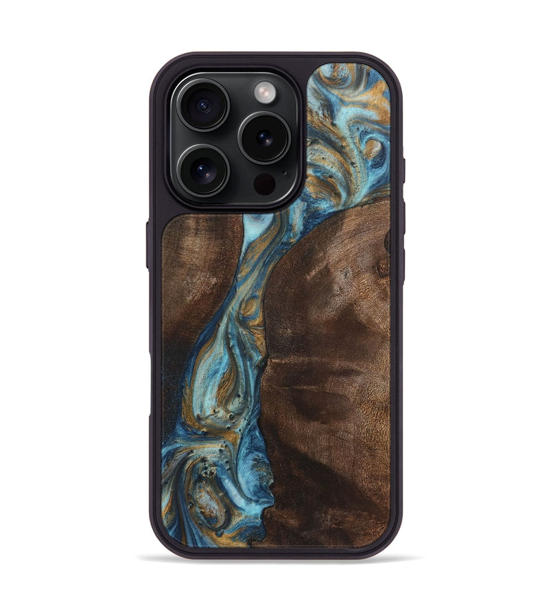 iPhone 16 Pro Wood+Resin Phone Case - Aidan (Teal & Gold, 719953)