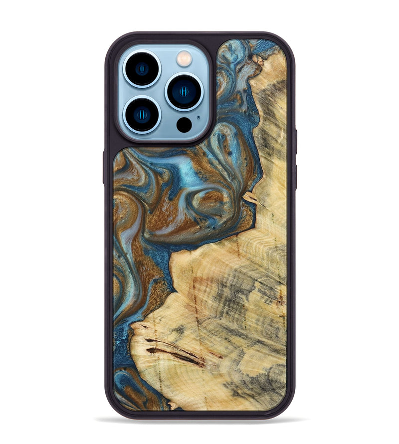 iPhone 14 Pro Max Wood+Resin Phone Case - Myles (Teal & Gold, 719954)