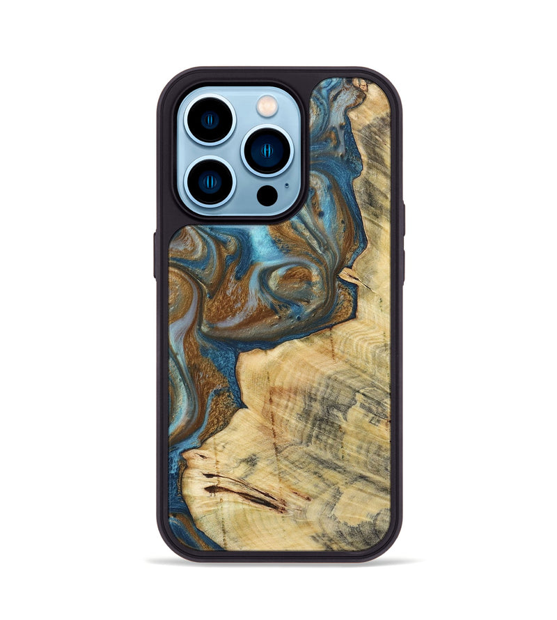 iPhone 14 Pro Wood+Resin Phone Case - Myles (Teal & Gold, 719954)