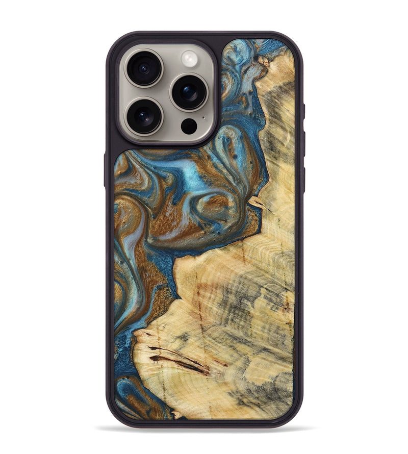 iPhone 15 Pro Max Wood+Resin Phone Case - Myles (Teal & Gold, 719954)