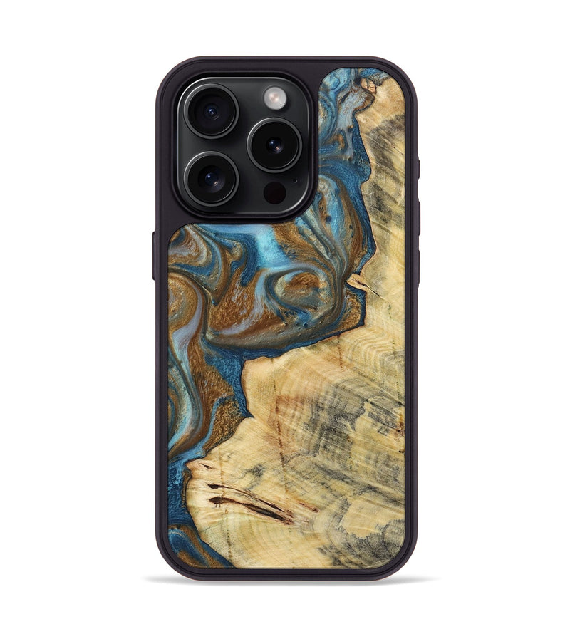 iPhone 15 Pro Wood+Resin Phone Case - Myles (Teal & Gold, 719954)