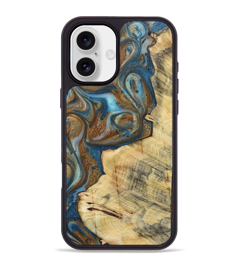 iPhone 16 Plus Wood+Resin Phone Case - Myles (Teal & Gold, 719954)