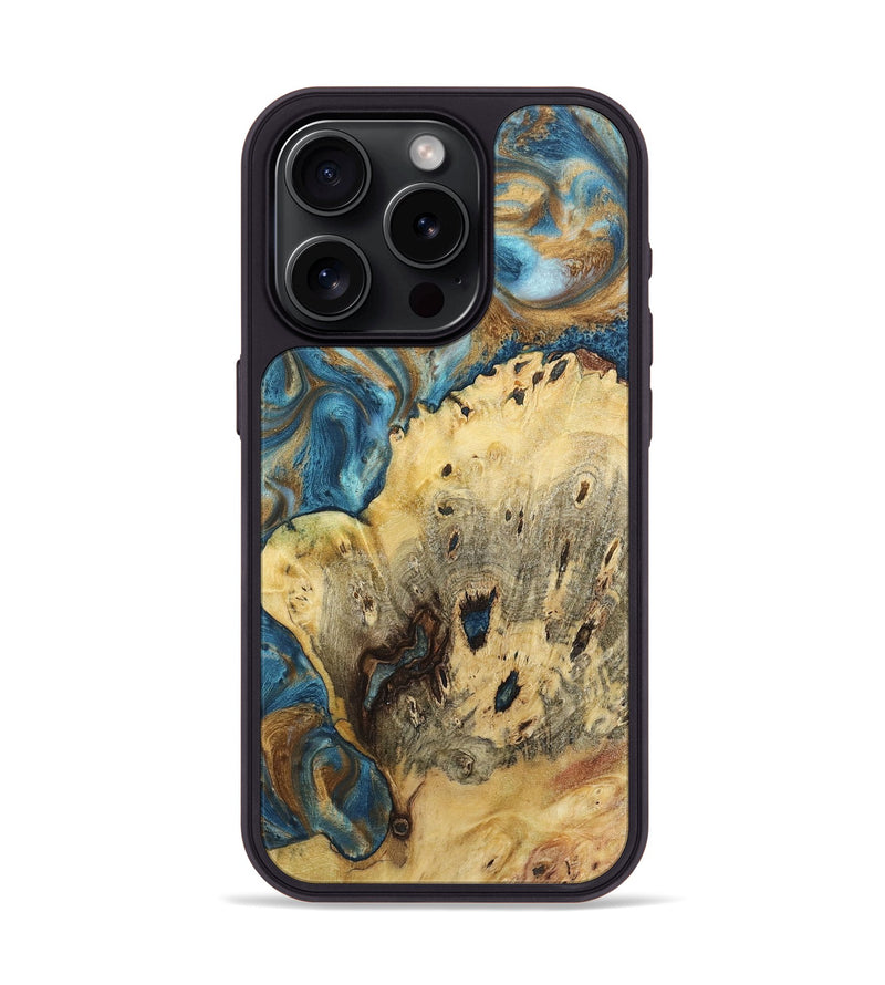 iPhone 15 Pro Wood+Resin Phone Case - Toby (Teal & Gold, 719957)