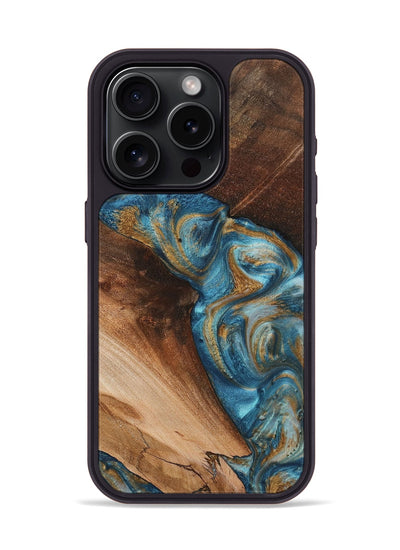 iPhone 15 Pro Wood+Resin Phone Case - Athena (Teal & Gold, 720038)