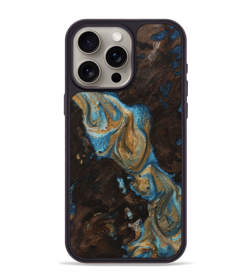 iPhone 15 Pro Max Wood+Resin Phone Case - Elmer (Teal & Gold, 720039)